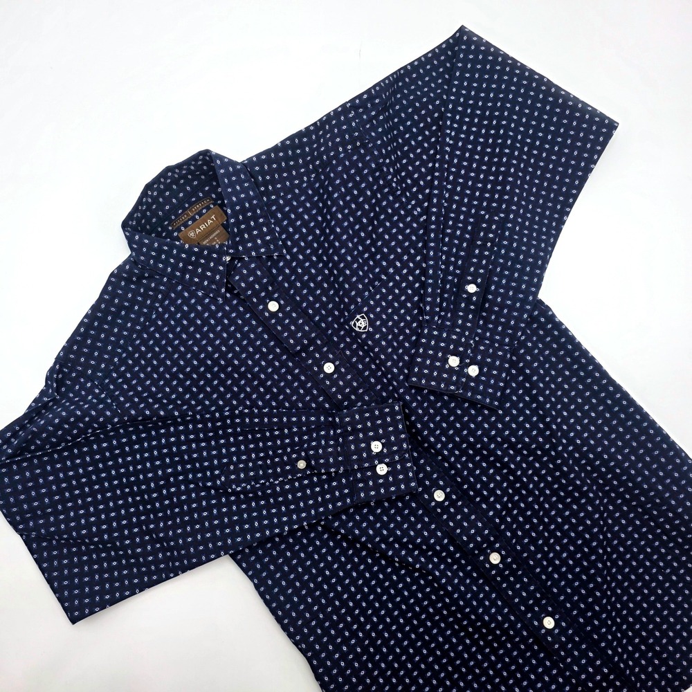 Ariat Mens Fitted Stretch Navy Blue Geometric Diamond Print Western Shirt Small